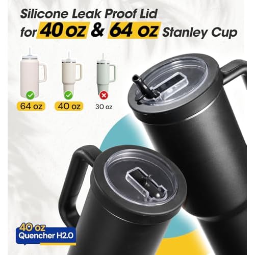 Tumbler Flip Straw Lid for 40 Oz Stanley Quencher Cup Replacement Fit Leak Proof Silicone Cover Reusable Splash Resistant Cup Lids Accessories with Cleaning Brush for Travel