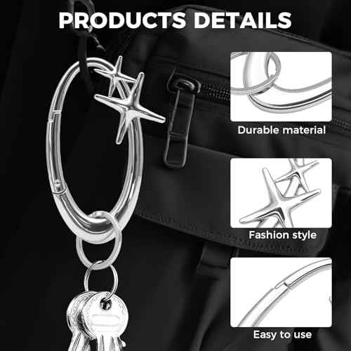 Y2K Carabiner, Cute Star Carabiner Clip, Extra-Large Silver Carabiner, Suitable for Car Keys, Wallets, Backpacks and Other Accessories, Suitable for Men and Women