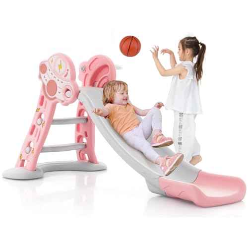 BABY JOY Toddler Slide, 3 in 1 Folding Baby Slide Climber Playset, Freestanding Slide with Long Slipping Slope, Basketball Hoop, Indoor and Outdoor Playground for Kids Boys & Girls Gift Present