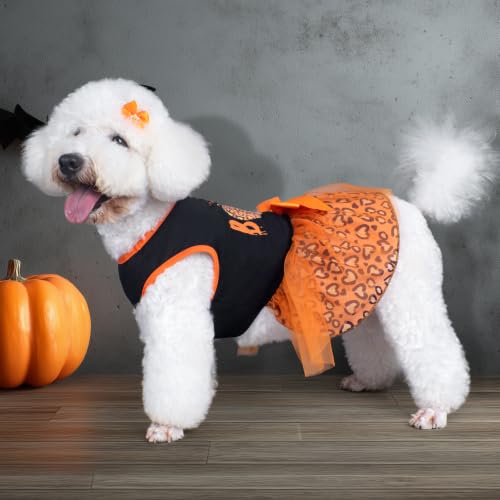 Dog Halloween Dress Pumpkin Print Tulle Outfit XX-Large with Hair Bow - Cyeollo
