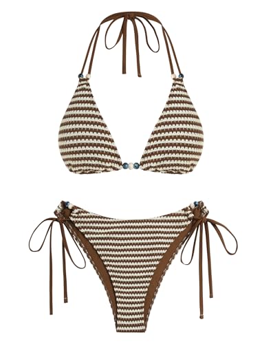 Women's Triangle String Bikini Set Small Brown - Boho Tie Side Two-Piece Swimsuit