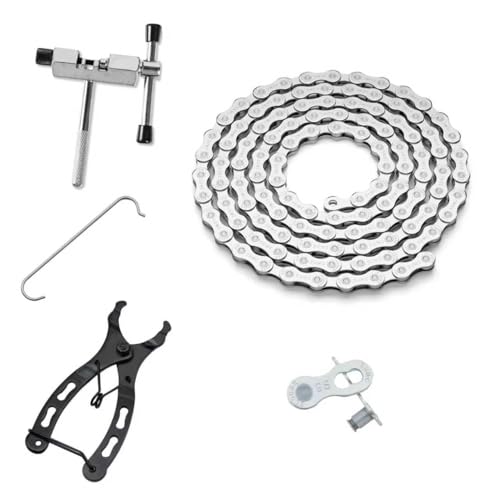 Bike Chain Kit, High Tensile Strength Bicycle Chain for Road/MTB Bike 6/7/8 Speed-Quick Buckle with Bike Link Plier -Hook - Chain Breaker - 116 Links - Dark Silver