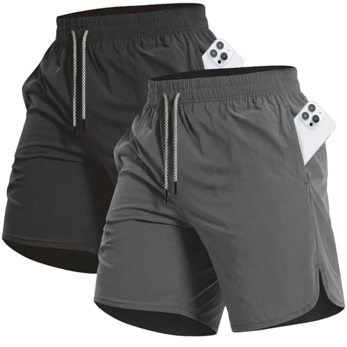 Men's Running Shorts 2 Pack - Black & Dark Grey, 7'' Quick Dry Athletic Gym Shorts with Pockets, Large