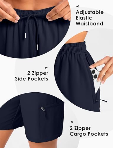 Women's 7/9 Inch Cargo Hiking Shorts with Zipper Pockets - Medium Navy, 9 Inch