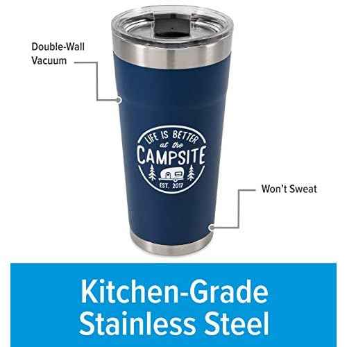 Camco Life is Better at The Campsite Stainless Steel Tumbler - Features Double Wall Vacuum Insulation for Heat/Ice Retention & Unique Life is Better At the Campsite Design - Holds 20 oz. (53323)