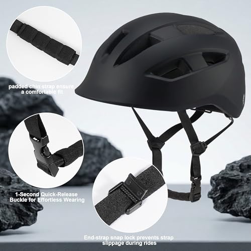 Adult Bike Helmet with Rear Light, Matte Black, L Size 22-23.6in