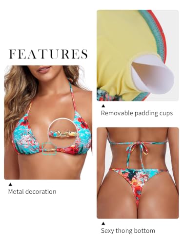 Women's Thong Bikini Set - Large Blue Floral Swimwear