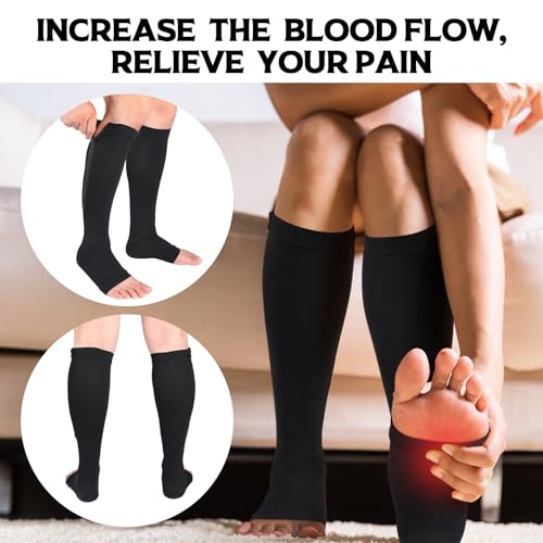 Nuanchu 3 Pairs Open Toe Zipper Compression Socks 20-30mmhg Men Compression Stockings Knee High Zipper Support Socks for Men Women Swelling Edema