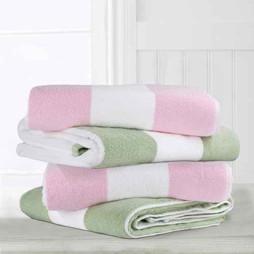 CLOWOOD Plush Oversized Beach Towel - Cotton 40 x 70 Inch Large Thick Pink Striped Cabana Pool Swimming Towel