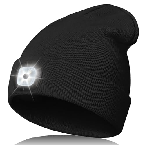Unisex LED Beanie with Light, Rechargeable Headlamp Hat, Fathers Day Dad Gifts for Men, Warm Knitted Cap Birthday Gifts for Dad Adults Teens Men Women Him