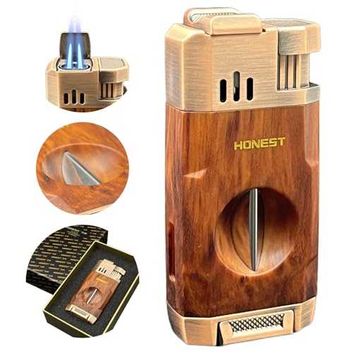 All-in-One Windproof Outdoor Lighter with Dual Jet Flame Built-in Cutter, Butane Refillable and Flames Adjustable, Visible Gas Tank, Portable for Travel, Candle Lovers, Box Included