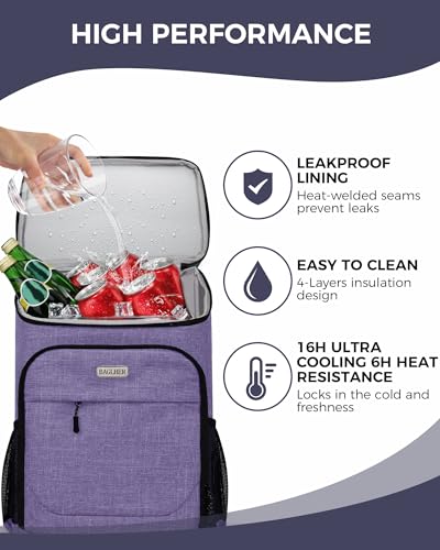 Lightweight Insulated Cooler Backpack for 30 Cans - Purple-Titan - Leak-Proof, Picnic, Hiking, Camping