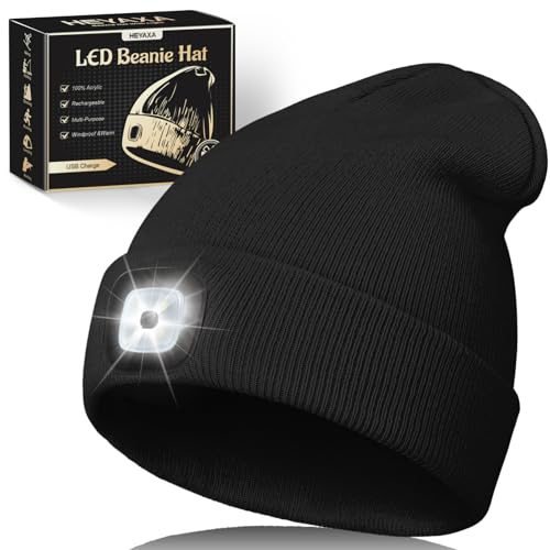 Unisex LED Beanie with Light, Rechargeable Headlamp Hat, Fathers Day Dad Gifts for Men, Warm Knitted Cap Birthday Gifts for Dad Adults Teens Men Women Him