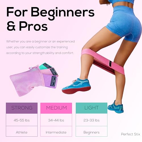 Perfect Stix Booty Bands - 3 Difficulties - Fabric Resistance Bands Set. Non Slip Stretch Bands. Exercise Bands for Legs and Butt. Includes a Pink Mesh Traveling Bag
