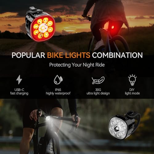 Victagen Bike Lights Kit VTG9 - USB-C Front & Rear LED Bicycle Headlights, Waterproof Night Riding