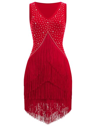 Red Rhinestones Fringe Tassel Latin Dance Dress for Women Competition Ballroom Salsa Flapper - Large