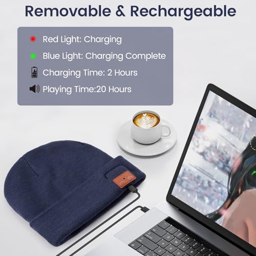 RANCOVY Bluetooth Beanie with Light, Musical Knit Hat with Wireless Headphone, LED Beanie with Bluetooth for Men Women