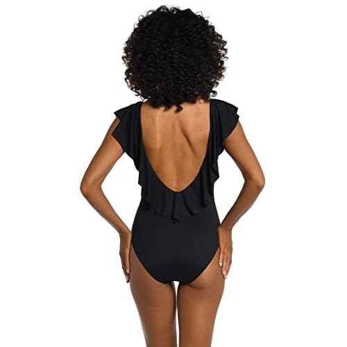 La Blanca Women's One Piece Swimsuit Over The Shoulder Ruffle Sleeve Tummy Control Island Goddess Bathing Suit