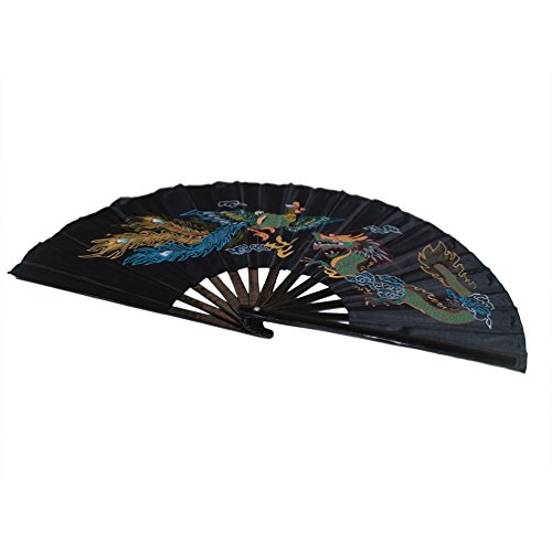 Chinese Kung Fu Tai Chi Fan with Dragon & Phoenix Design - Black Background, Folding Bamboo & Satin Performance Fan (Variation of Dragon And Phoenix Black Background)