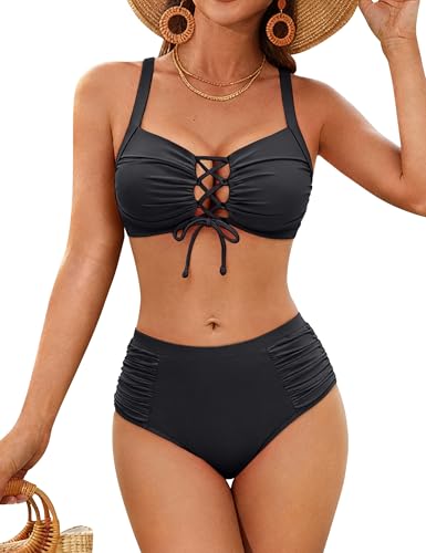 Women High Waisted Bikini Set - Tummy Control Swimsuit Two Piece Tie Front Black Small