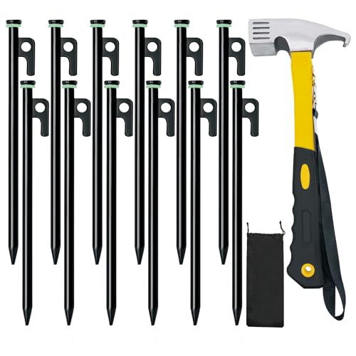 12-Pack Heavy Duty Tent Stakes with Hammer and Storage Pouch - 12in Forged Steel Camping Stakes for Rocky and Hard Surfaces