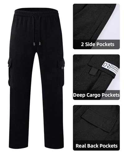 Men's Cargo Sweatpants Open Bottom Fleece Joggers - Large / Black