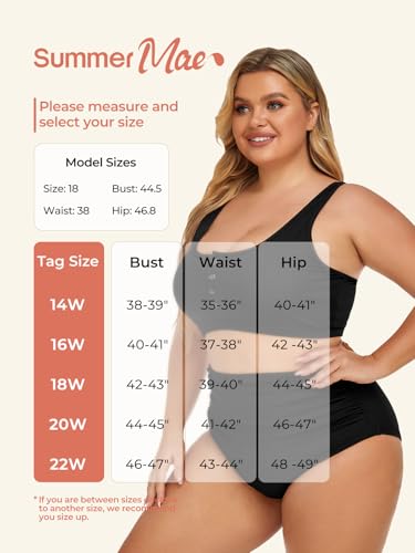 Plus Size Ribbed High Waist Bikini Set for Women - Scoop Top Tummy Control - Black 18 Plus