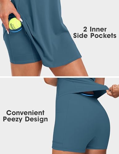 Desol Square Neck Tennis Dress for Women with Pockets, Built-in Shorts, Side Slit - Blue, Medium