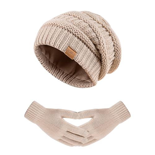 Women's Beanie Hat Gloves Set, Fleece Lined Winter Hat with Touchscreen Gloves for Cold Weather