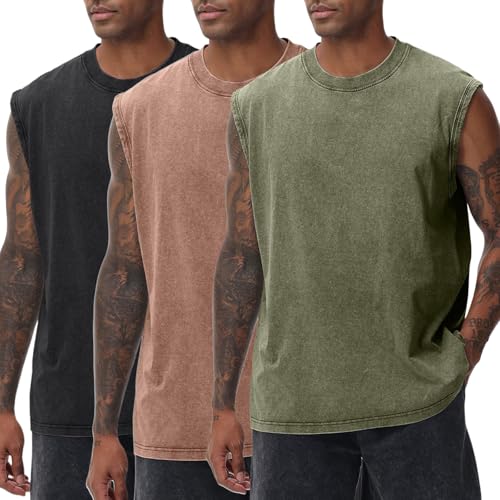 Arssm Sleeveless Cotton Tank Tops for Men - Acid Wash Muscle Workout & Running, Large / Black & Khaki & Army