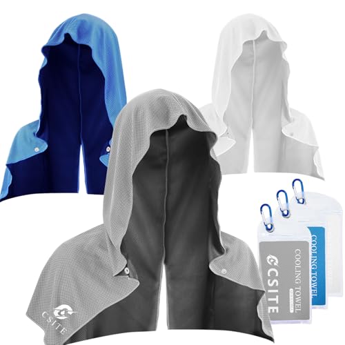 Cooling Hoodie Towels for Neck and Face - 3 Pack, UV Protection, Instant Cooling - Gray, Light Blue, White