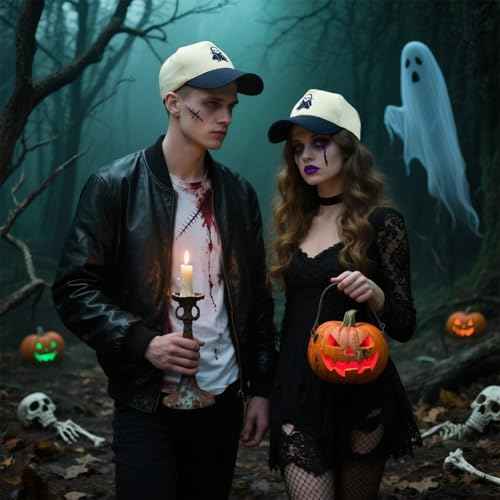 Embroidered Ghost Trucker Hat for Men & Women, Adjustable Horror Spooky Baseball Cap Black/Beige