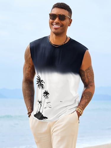 Runcati Men's Graphic Tank Top - Sleeveless Palm Tree Gradient Tee, Large White