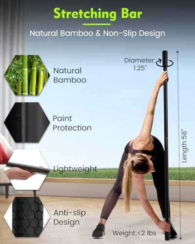 58 Inch Natural Bamboo Yoga Stick with Non-Slip Ends - Exercise & Stretching Bar for Balance and Flexibility