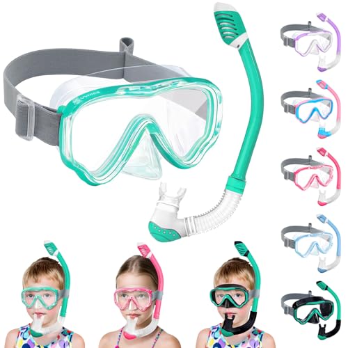 Vvinca Snorkeling Gear for Kids Dry Top Kids Snorkel Set for Boys Girls Junior Youth Children Age 4-14 Swim Goggles with Nose Cover Anti-Fog Panoramic View Adjustable Elastic Diving Mask and Snorkel