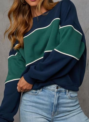 LEEDYA Women's Oversized Color Block Long Sleeve Sweatshirt - Medium Navy Blue