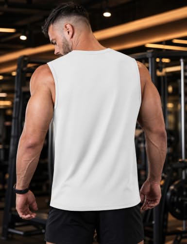 Men's Moisture Wicking Cotton Tank Top Large White - Summer Gym Workout Sleeveless Shirt