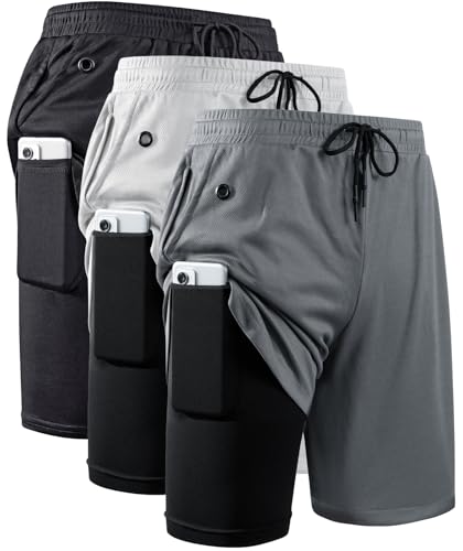 Men's 2-in-1 Workout Shorts with Compression Liner - Large 3 Pack Black & Grey