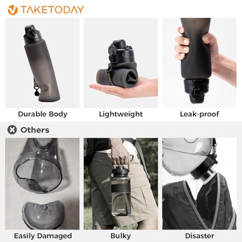 TakeToday Collapsible Water Bottle - 32oz Foldable Travel Water Bottle Black