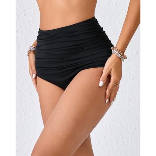 Women¡¯s High Waisted Full Ruched Bikini Swim Bottoms Tummy Control Full Coverage Swimsuit Bottoms