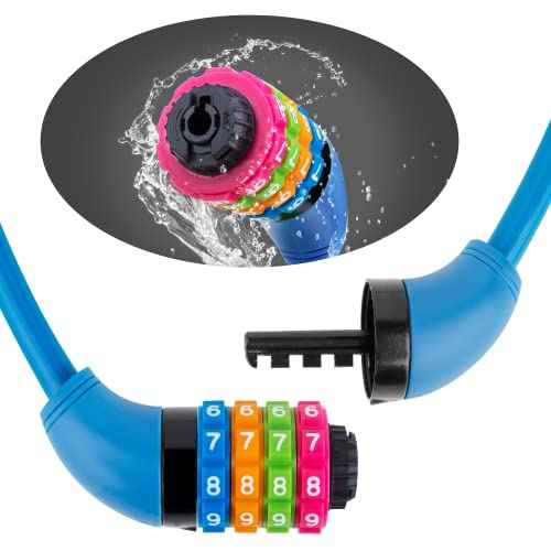 Bike Lock Cable, Bicycle Cable Lock with 4 Digit Combination & Large Lock Head, Resettable Kids Bike Cable Lock, 2 Ft x ?0.45 in, Lock for Bike, Scooter, Skateboard, Motorcycle, E Bike (Bule)