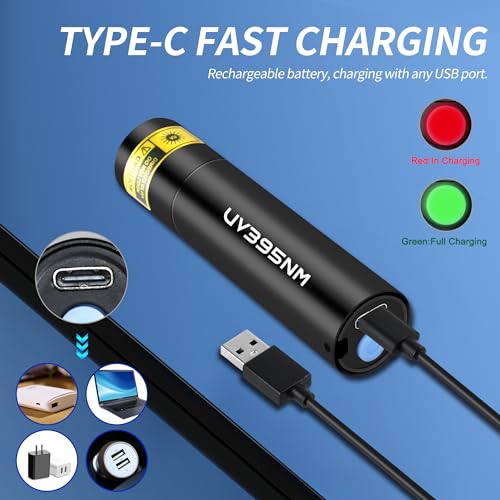 UV Flashlight Rechargeable 365nm & 395nm Black Light for Pet Urine Detection, USB Portable Blacklight Mini Powerful Woods Lamp LED ultra violet Flashlights uv for Resin Curing, Leak Detection, Travel