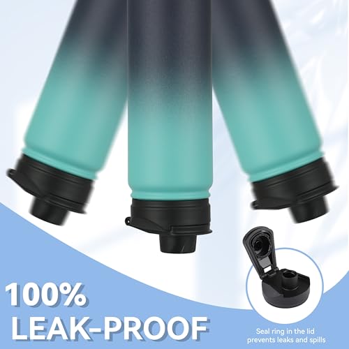 Insulated Water Bottle 22 oz with Wide Mouth, Straw & Spout Lids - Green Blue Gradient