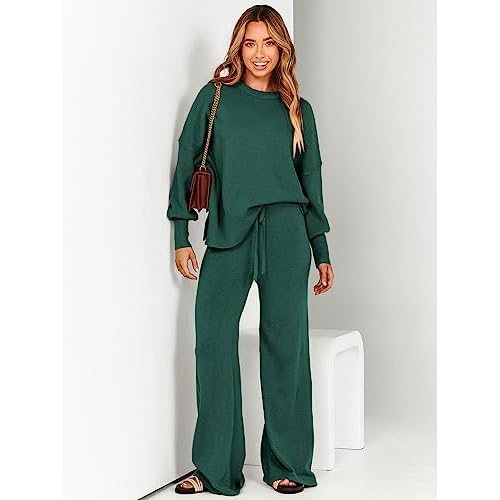 ANRABESS Womens 2 Piece Outfits Fall Lounge Set 2025 Oversized Chunky Knit Sweater Top Wide Leg Pants Loungewear Clothes