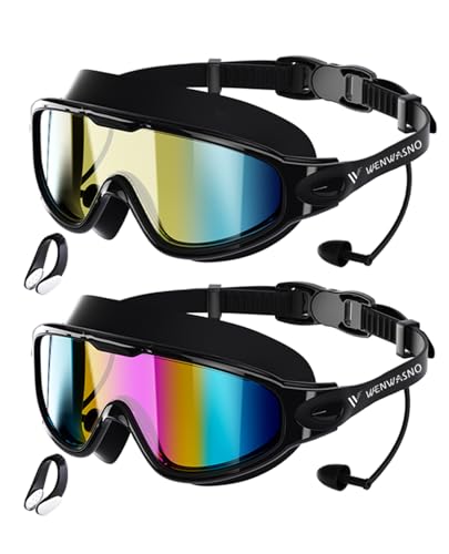 Adult Swim Swim Goggles 2 Pack Anti-Fog Waterproof UV Large Rim - Black Gold & Pink