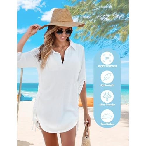 Swimsuit Coverup for Women, Drawstring Beach Bathing Suit Bikini Cover Up for Women, Sexy V Neck Beachwear Dress