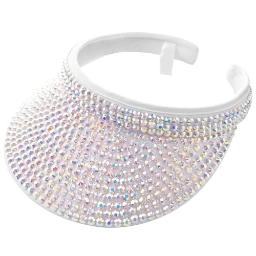 Sun Visors Hats Women & Men Rhinestones Clip-On Adjustable Beach Cap - White 6 3/4-7 1/4