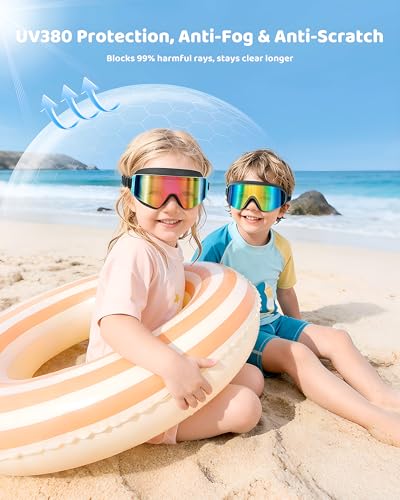 Kids Swim Goggles 2 Pack - Large Frame Anti-Fog Leak Proof UV Protection Black & Iridescent Pink/Gold