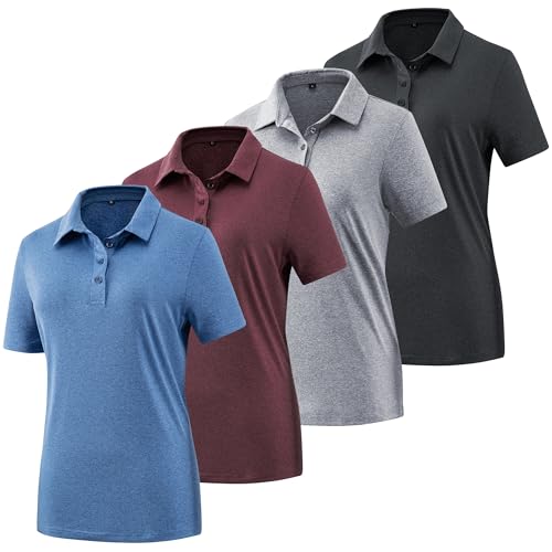 TVKSOM Women's Polo Shirts Casual Short Sleeve Work Tops 4-Pack - XX-Large, Black, Grey, Blue, Red