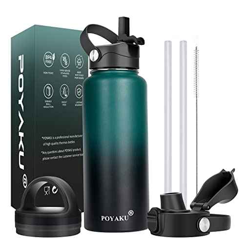 Water Bottle Insulated 32oz 40oz 64oz 128oz Straw Lid Spout Lid & 3 Lids, Leak Proof, Vacuum Insulated,Stainless Steel Water Bottle Wide Mouth for Sports, Gym or Office